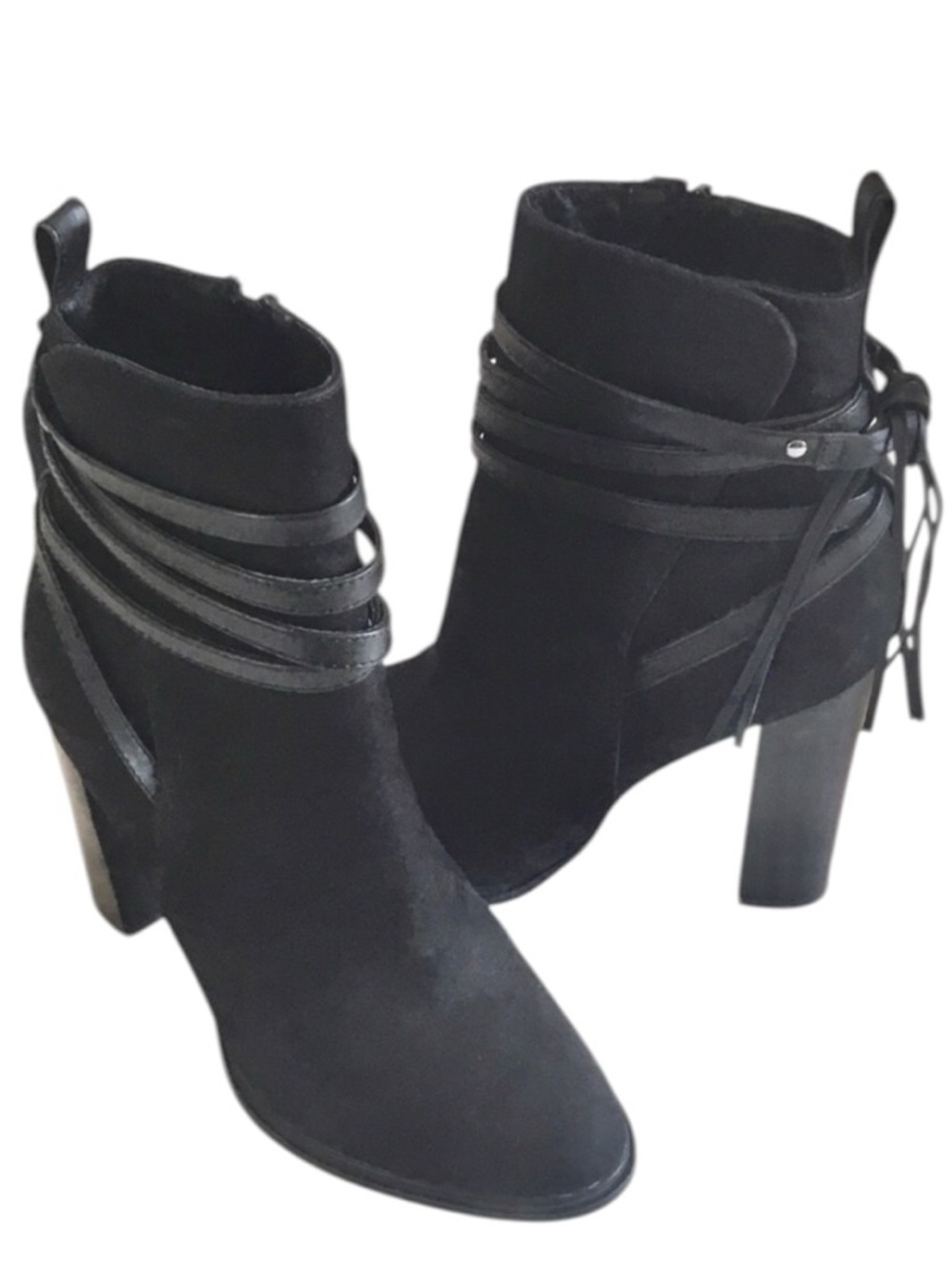 Steve Madden Ankle Boots Size 7.5 Black Suede Leather Fringe Tie Stacked Heel
